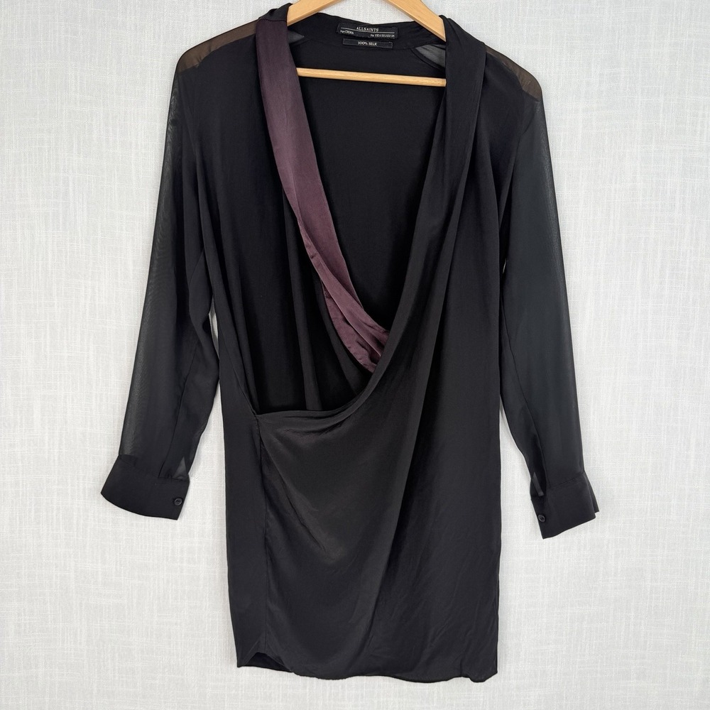 ALLSAINTS Lucas Silk Draped Wrap Shirt Dress Black Plum Cowl Neck Mini U.S SZ-2